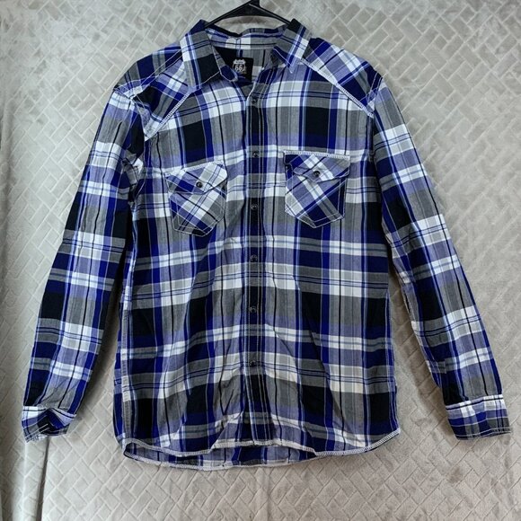 Route 66 Mens Medium Button Up Shirt Blue Plaid Pearl Snap Long Sleeve Western - Picture 1 of 15